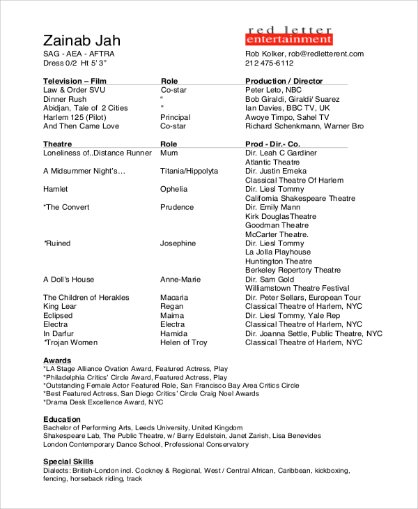 theatre acting resume