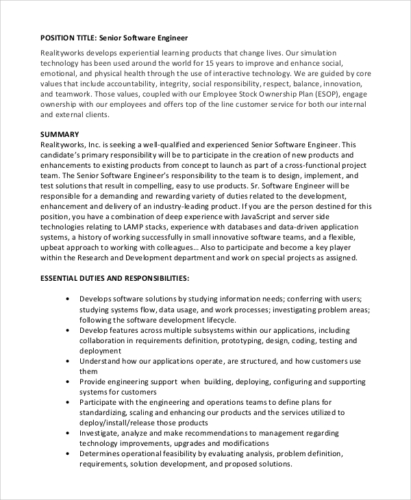FREE 9 Sample Software Engineer Job Description Templates In PDF Word
