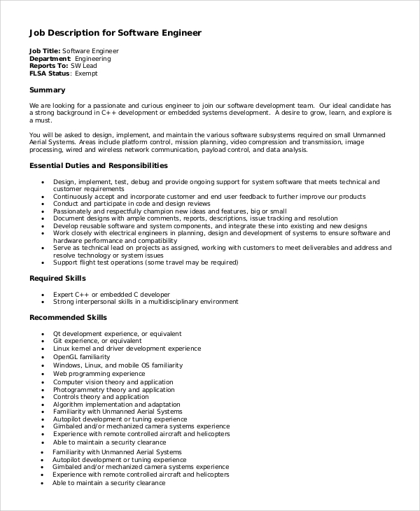 FREE 9+ Sample Software Engineer Job Description Templates in PDF, Word