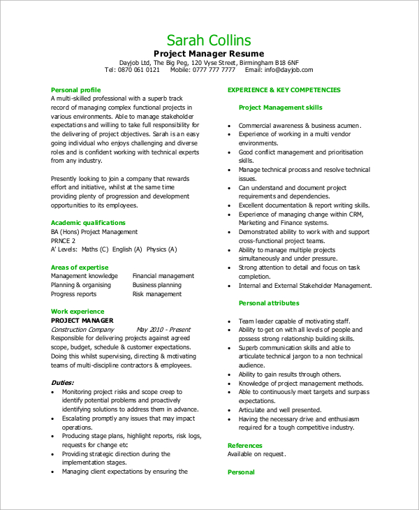 project manager resume sample free download