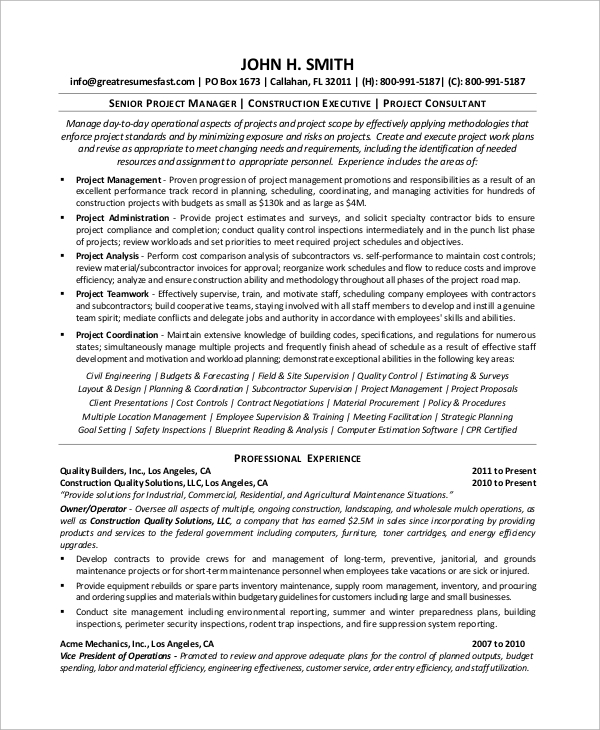 resume objective examples for construction project manager