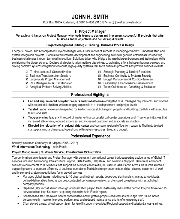 it project manager resume template free