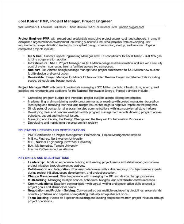 sample resume project management skills