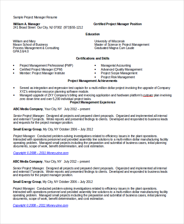 FREE 8+ Sample Project Manager Resume Templates in PDF MS Word