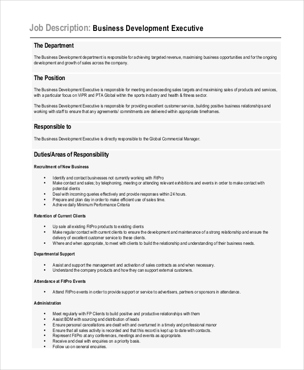 business development executive job description for resume