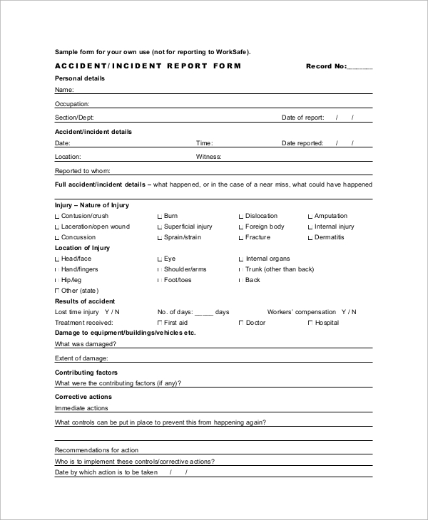 accident incident report form example