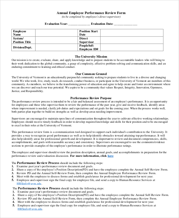 annual employee performance review form