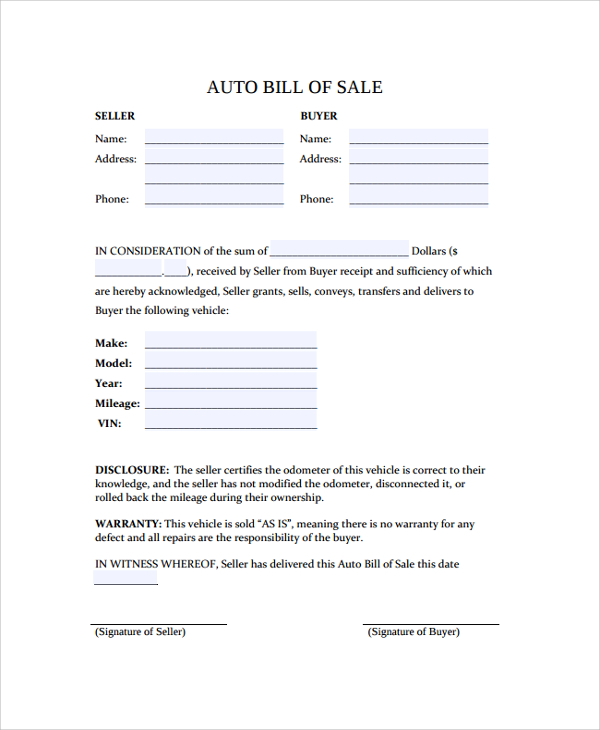 auto bill of sale