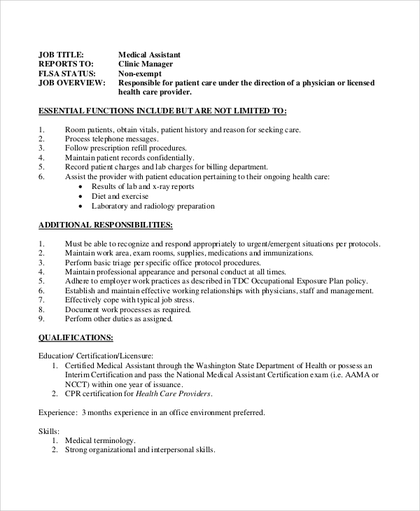 Sample Medical Assistant Job Description 8 Examples In PDF