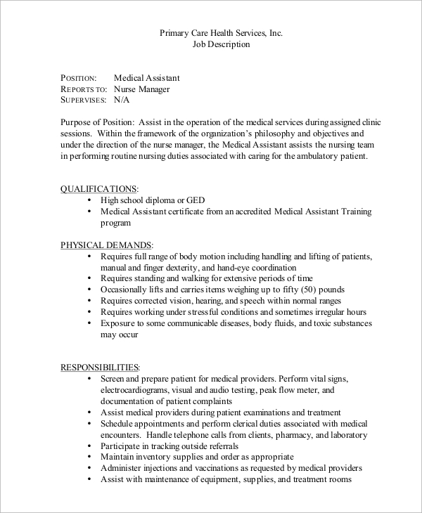 medical assistant job description for resume