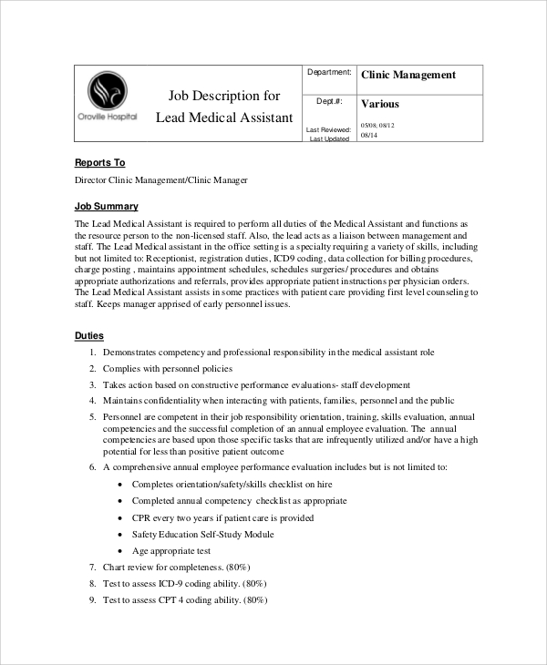 Sample Medical Assistant Job Description 8 Examples In PDF