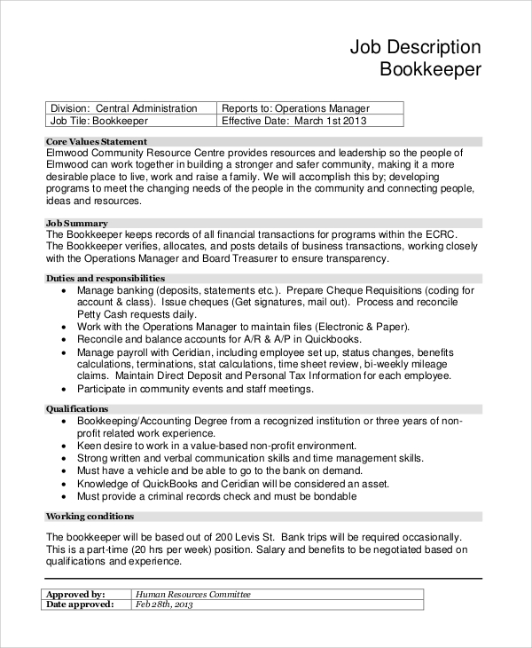 Free 8 Sample Bookkeeper Job Description Templates In Pdf Ms Word