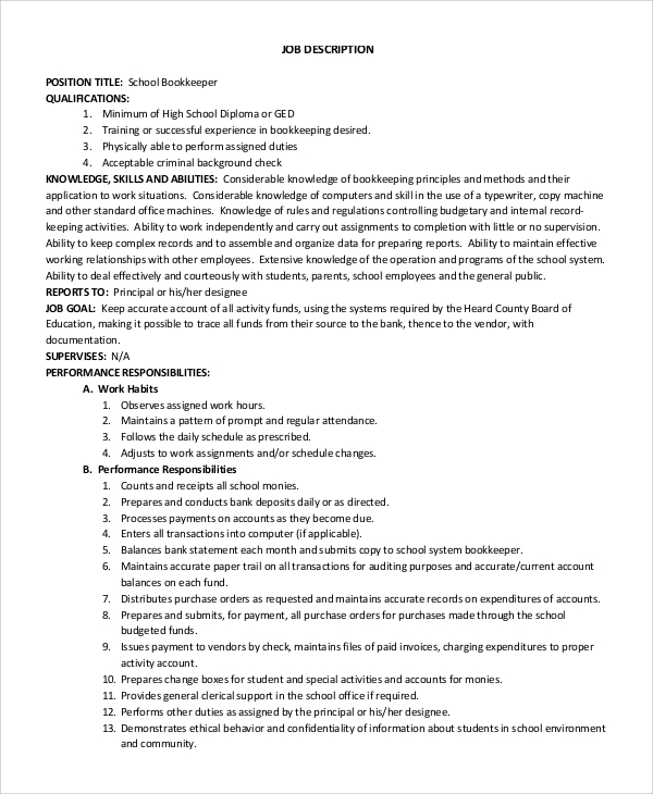 entry level bookkeeper job description