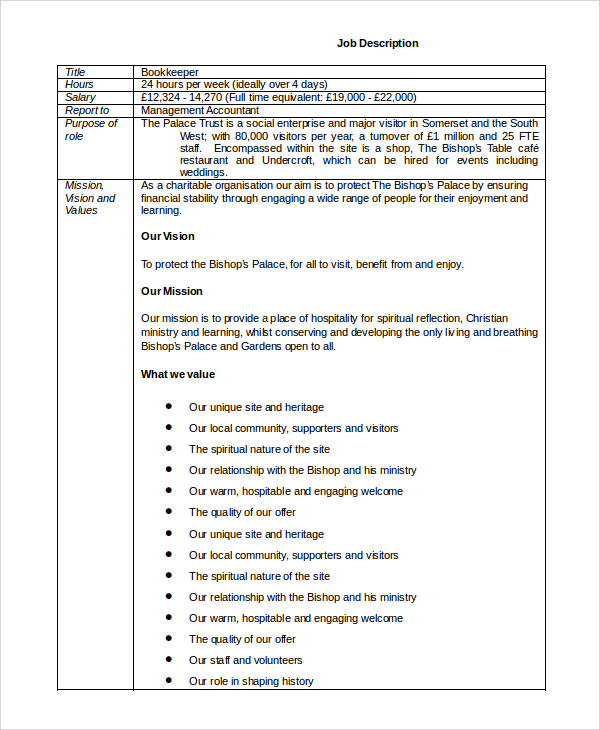 FREE 8  Sample Bookkeeper Job Description Templates in PDF MS Word