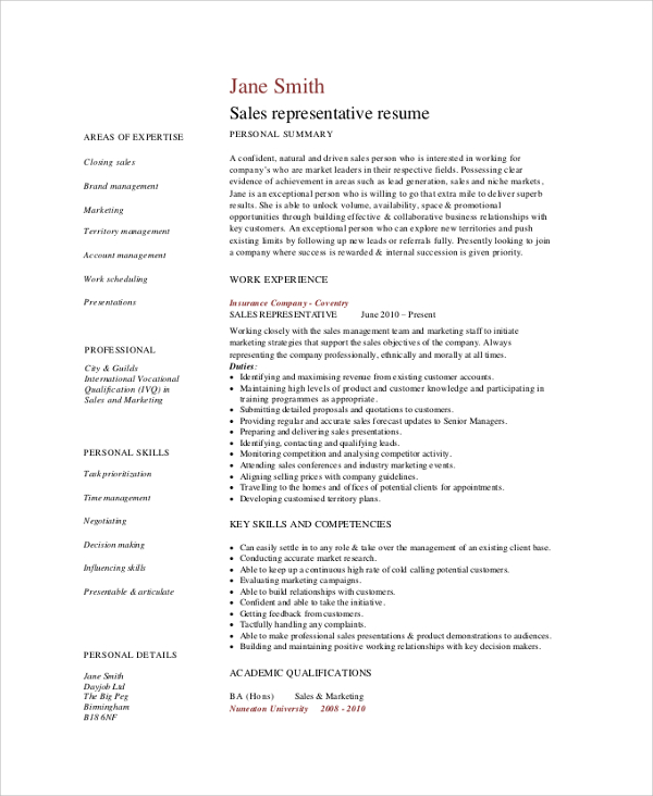 sales representative resume