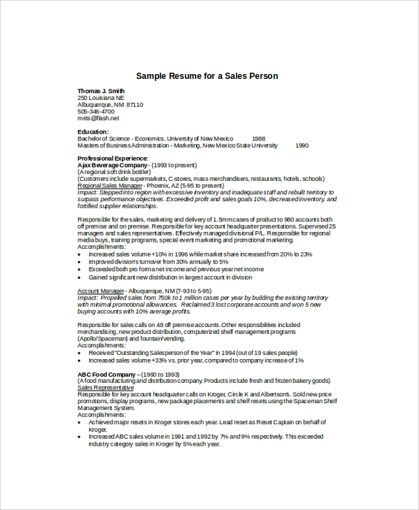 sample resume for a sales person