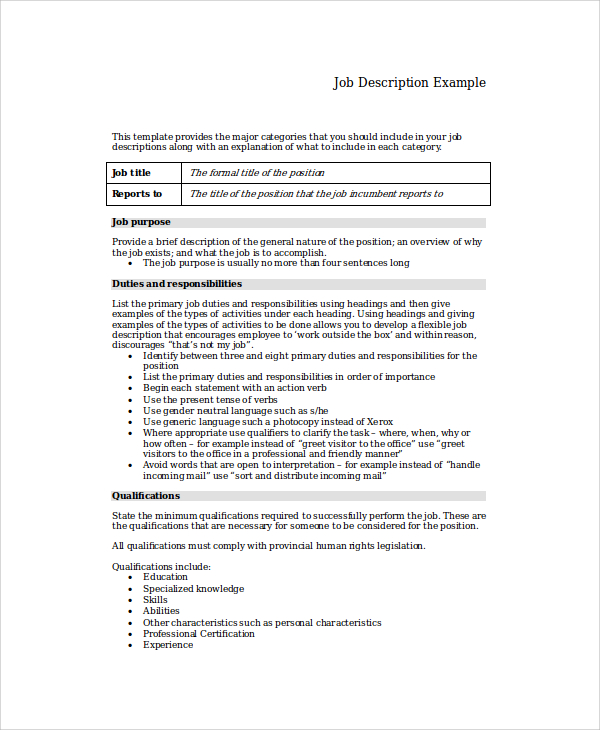 resume job description example