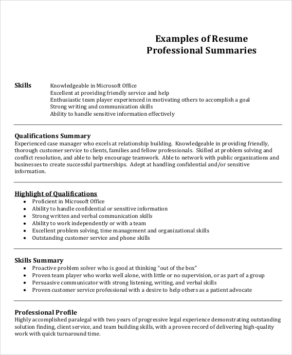 a good resume summary example