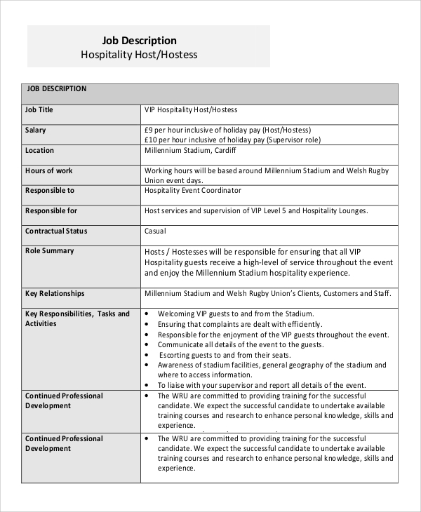 hospitality hostess job description