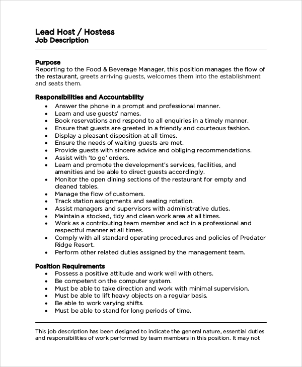 FREE 9 Sample Hostess Job Descriptions In PDF MS Word