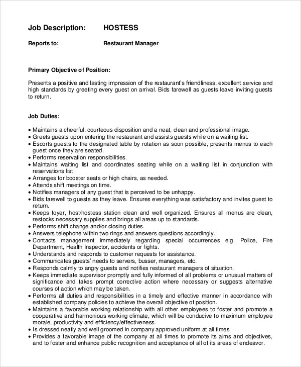 sample job description for resume hostess