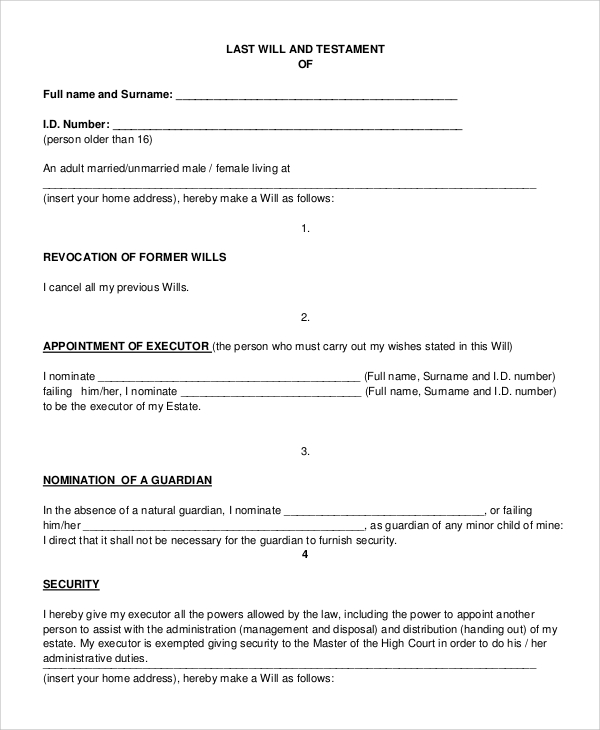 printable last will and testament form