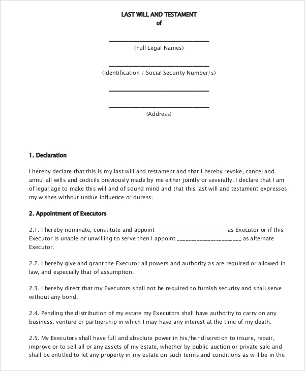 legal form last will and testament