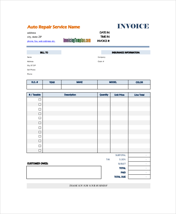 sample blank repair invoice