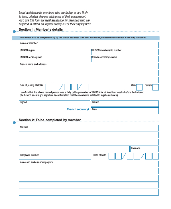 sample legal service form