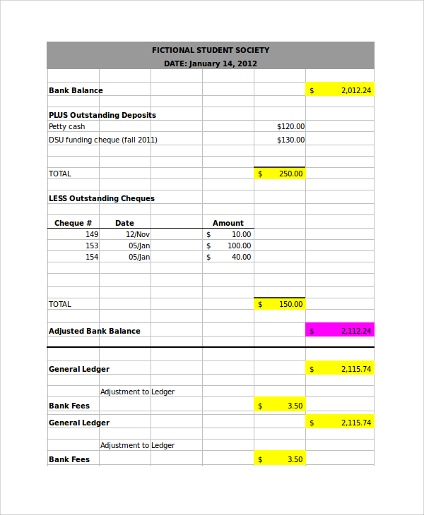 FREE 9+ Bank Reconciliation Samples in MS Word MS Excel Pages Numbers Google Docs