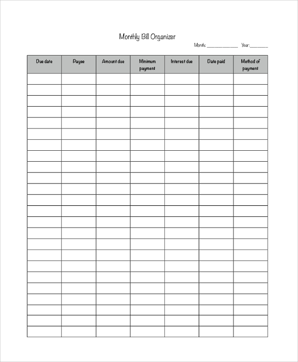 Printable Monthly Bill Organizer Template Printable Templates Free