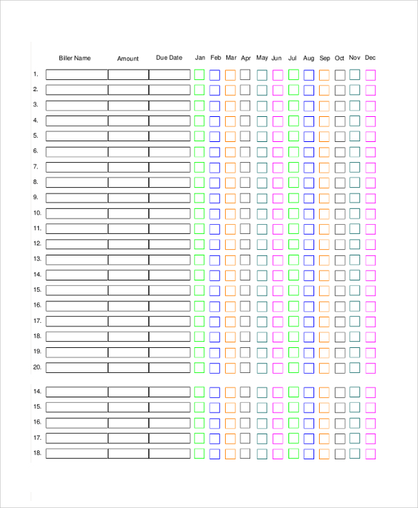 FREE 9+ Sample Bill Organizer in PDF | MS Word | Excel