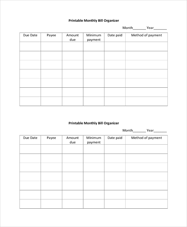 FREE 9+ Sample Bill Organizer in PDF | MS Word | Excel