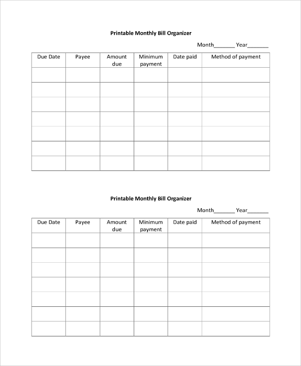 FREE 9 Sample Bill Organizer In PDF MS Word Excel