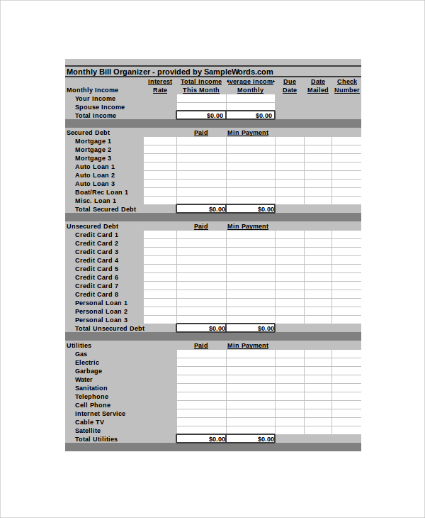 FREE 9+ Sample Bill Organizer in PDF | MS Word | Excel