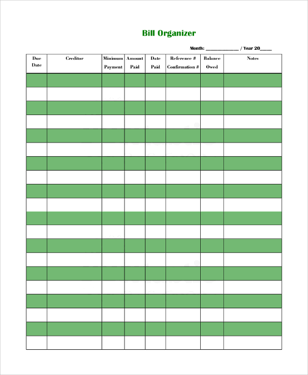 Free 9 Sample Bill Organizer In Pdf Ms Word Excel