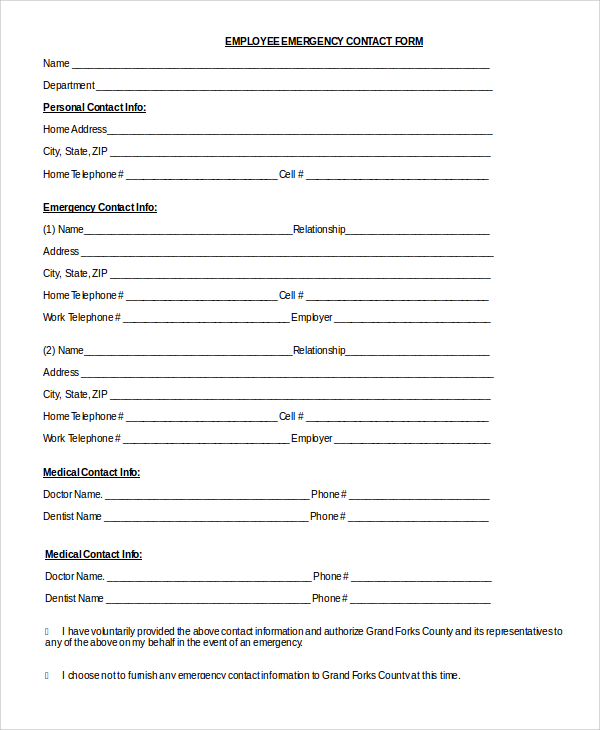 Printable Employee Emergency Contact Form Template Free Printable 