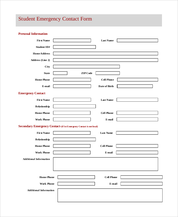School Emergency Contact Form For Students