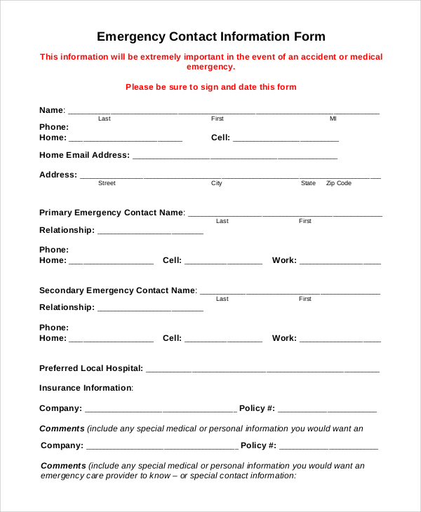 FREE 8+ Sample Emergency Contact Forms in PDF MS Word