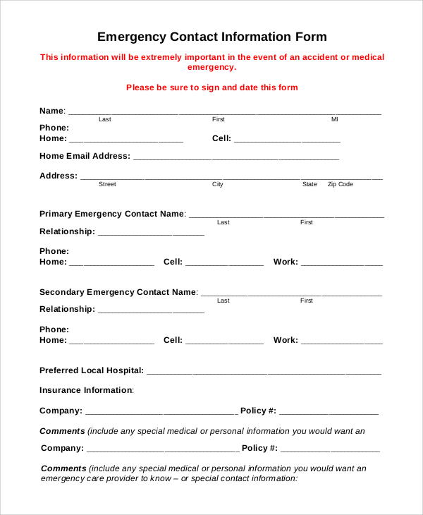 Printable Emergency Contact Form Template Printable Templates