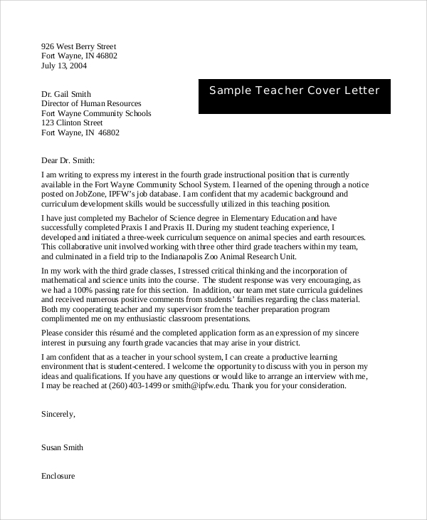 Sample Cover Letters For Teacher Positions