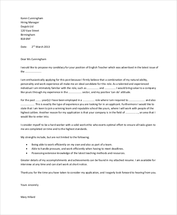 cover letter application for teacher job