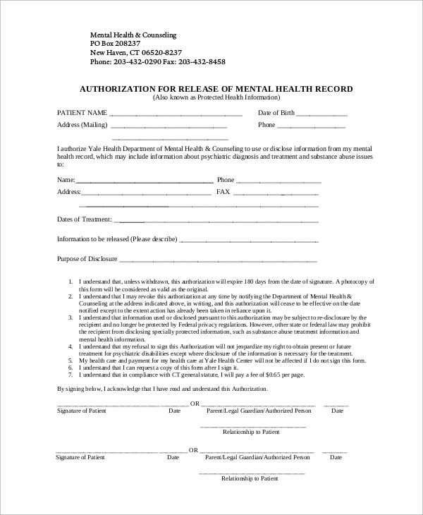 Mental Health Printable Release Of Information Form Printable Forms 