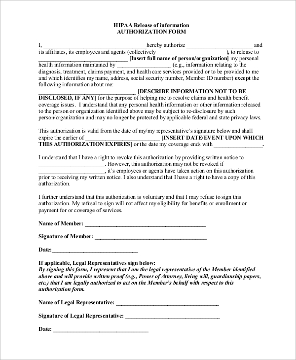 hipaa release of information form