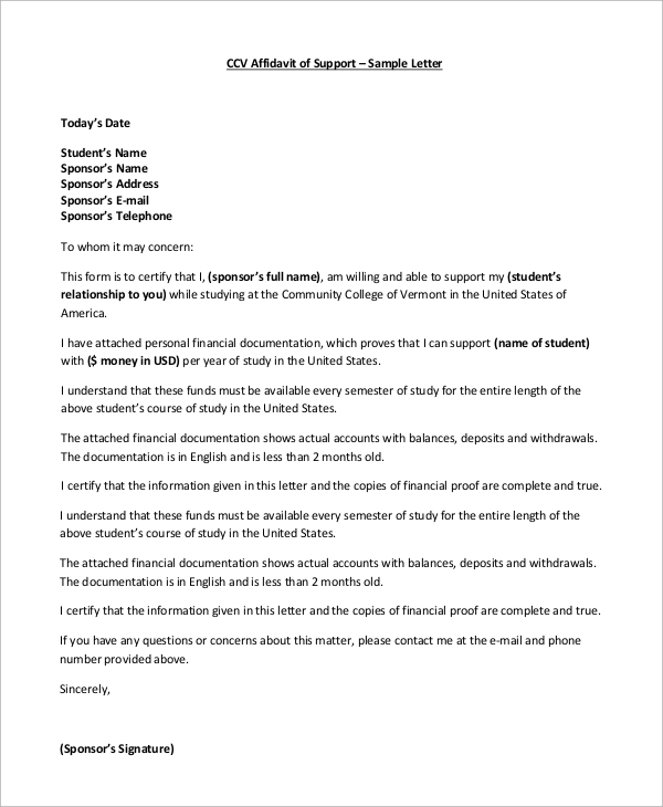affidavit of support letter 