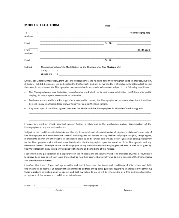 model release form for photographer