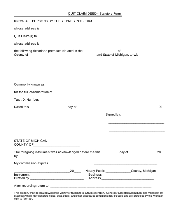 Sample Quick Claim Deed Form - 8+ Examples in PDF, Word