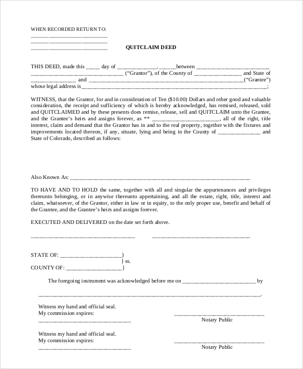 quick claim deed form format