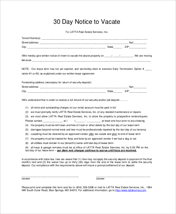 30 day notice to vacate