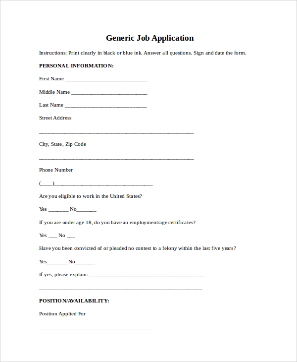 printable generic job application